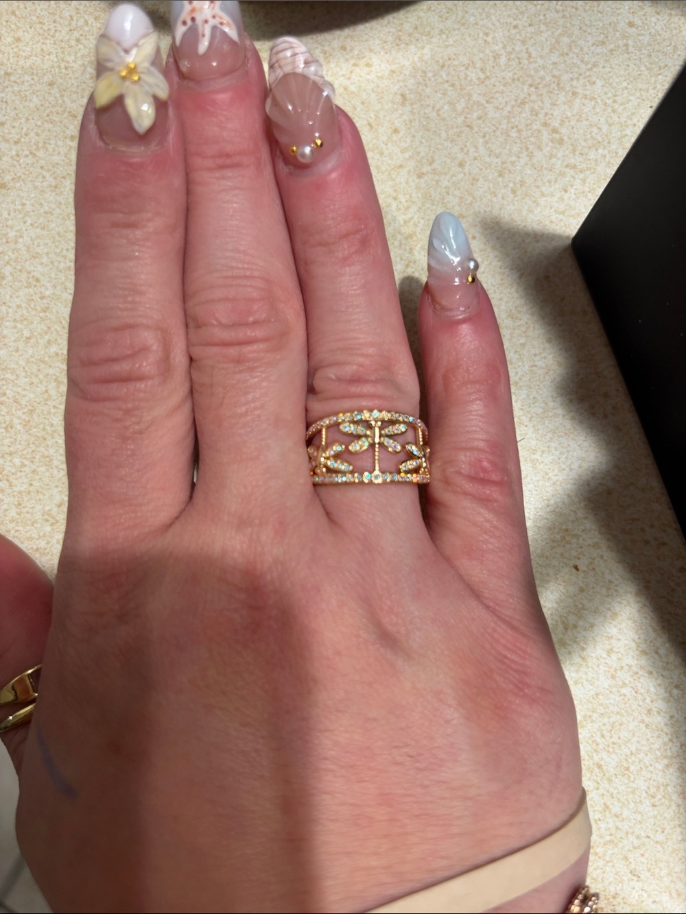 Gold-Tone Filigree firefly Crystal Band Ring - Women's Fashion Jewelry